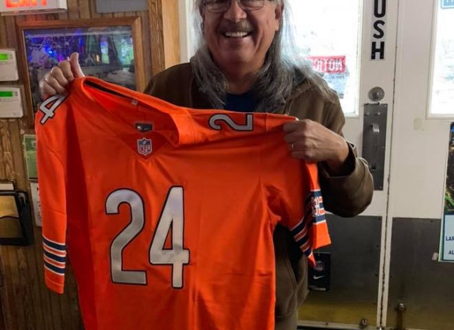 November 2018 - Bears fan Redbone showing off his new official Jordan Howard jersey.